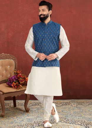 Readymade White Kurta Churidaar With Cotton Jacket