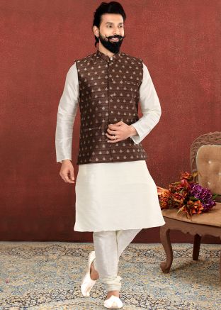 Readymade White Kurta Churidaar With Brown Jacket