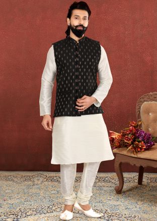 Mens White Readymade Kurta Pajama With Jacket