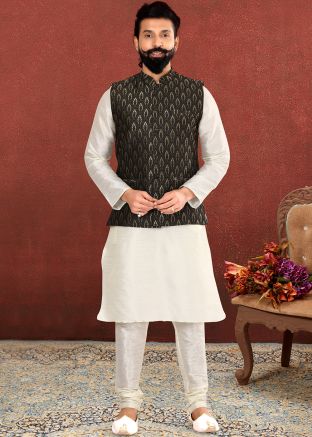 White Readymade Silk Kurta Pajama With Jacket