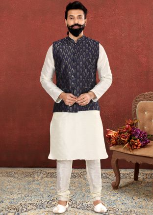 White Readymade Dupion Silk Kurta Pyjama With Jacket