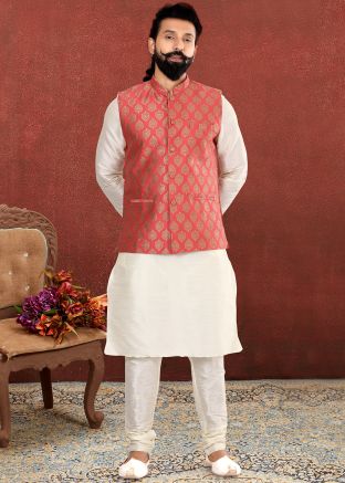 White Readymade Silk Kurta Pyjama With Peach Jacket