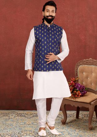 White Silk Readymade Kurta Pajama With Cotton Jacket