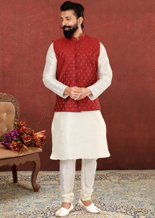 White Readymade Kurta Pajama With Jacket In Silk