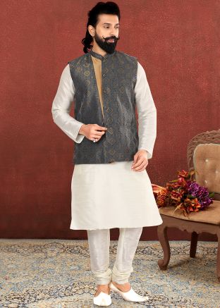 Mens Readymade White Kurta Pyjama With Jacket