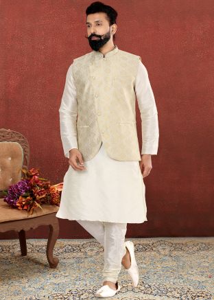 Readymade Mens White Kurta Pyjama With Jacket