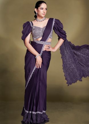 Pre-Stitched Purple Embellished Crape Saree