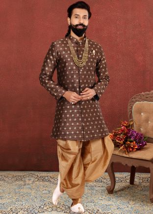 Brown Readymade Woven Sherwani Dhoti Set