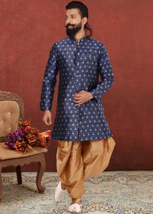 Blue Readymade Jacquard Sherwani Dhoti Set
