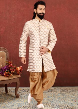 White Readymade Jacquard Silk Sherwani Dhoti Set