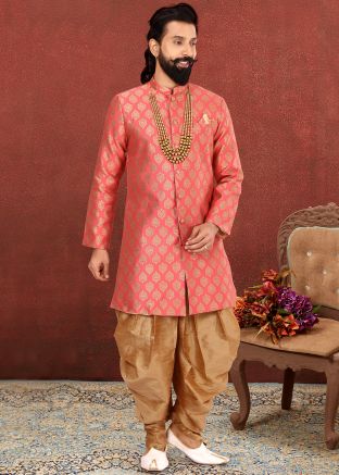 Peach Readymade Woven Sherwani With Dhoti