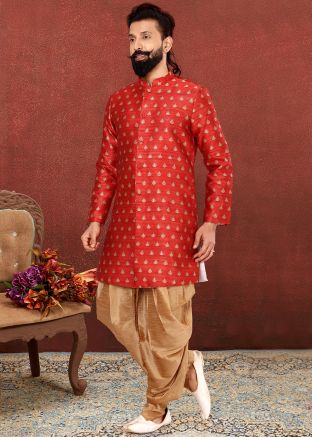 Red Readymade Woven Sherwani With Dhoti