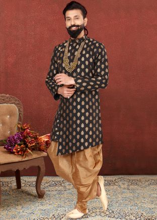 Black Readymade Jacquard Asymmetric Sherwani With Dhoti