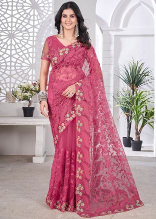 Pink Embroidered Saree In Net