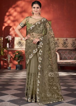 Green Embroidered Saree In Net