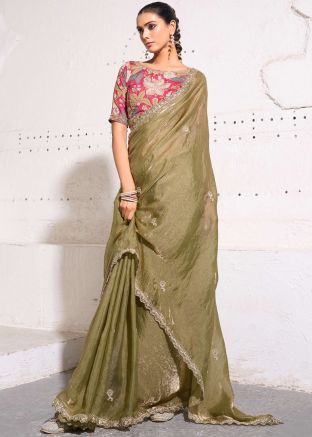 Moss Green Embroidered Saree In Tissue Silk