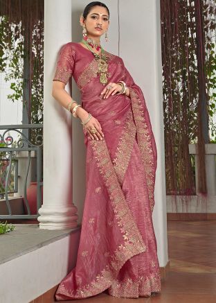 Pink Embroidered Saree In Art Silk