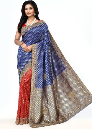 Red & Blue Embroidered Saree In Art Silk