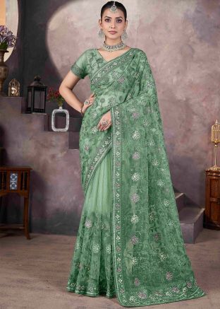 Green Embroidered Saree In Net