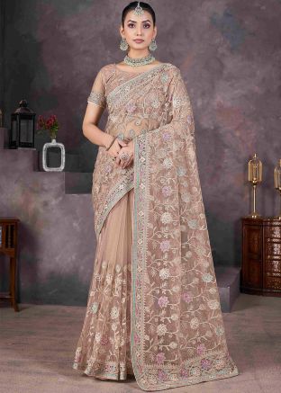 Beige Embroidered Saree In Net