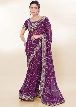 Purple Georgette Bandhej Print Saree