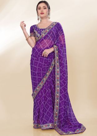 Purple Bandhej Print Saree With Blouse