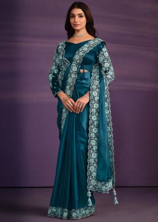 Blue Embroidered Pre-Stitched Saree With Jacket