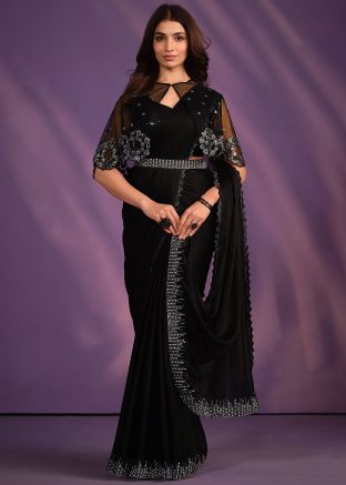 Black Embroidered Pre-Stitched Saree In Crape
