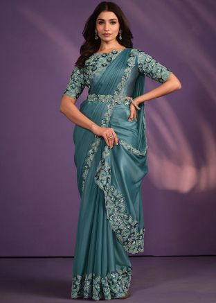 Blue Embroidered Pre-Stitched Saree