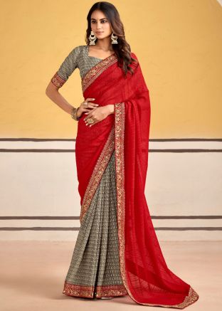 Black & Red Half N Half Embroidered Saree