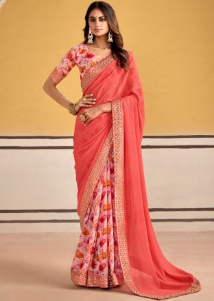 Pink & Peach Half N Half Floral Print Saree