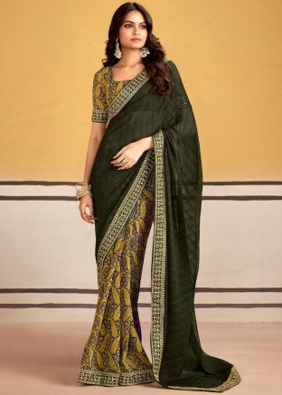Green Half N Half Saree In Georgette