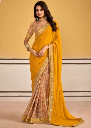Yellow Half N Half Printed Saree