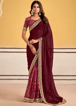 Wine Printed Half N Hlaf Saree