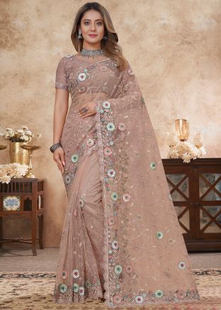 Dusty Peach Embroidered Net Saree