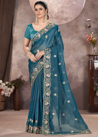 Teal Blue Embroidered Art Silk Saree