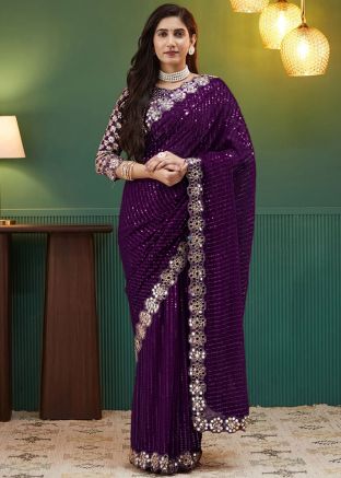 Purple Embroidered Saree In Georgette 