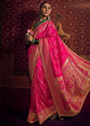 Pink Embroidered Saree In Viscose