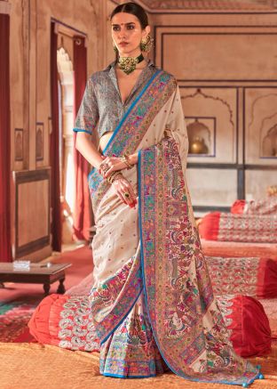 Cream & Blue Printed Art Silk Saree