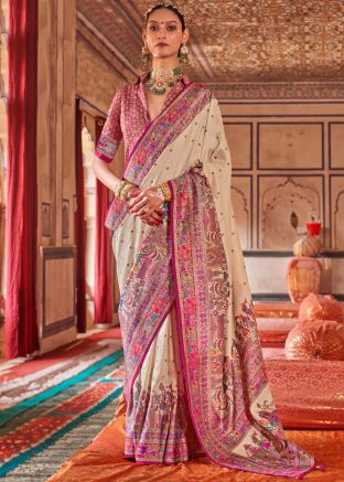 Cream & Magenta Printed Art Silk Saree