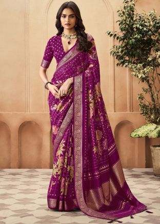 Purple Floral Print Saree With Blouse