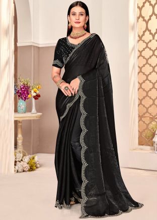 Black Stone Work Saree In Satin