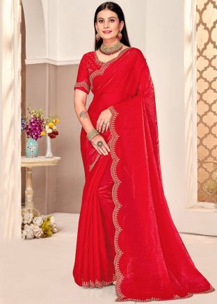 Red Satin Saree In Stone Work