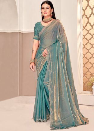 Blue Stone Work Satin Saree