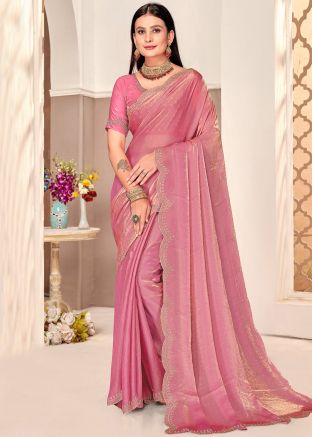Pink Satin Saree In Stone Work