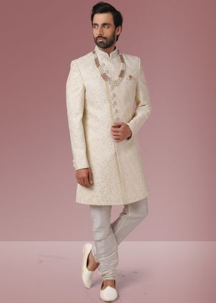 Readymade Cream Embroidered Silk Sherwani
