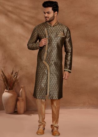 Readymade Green Sherwani With Woven Work