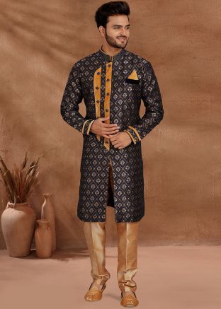 Indo Western Blue Readymade Sherwani In Jacquard
