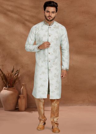 Readymade White Jacquard Sherwani For Groom