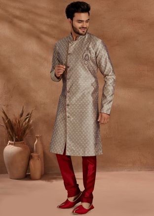 Grey Stone Embellished Readymade Sherwani In Jacquard
